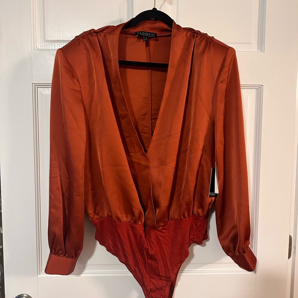 NWT Eloquii Rust Orange Satin Long-Sleeve Bodysuit